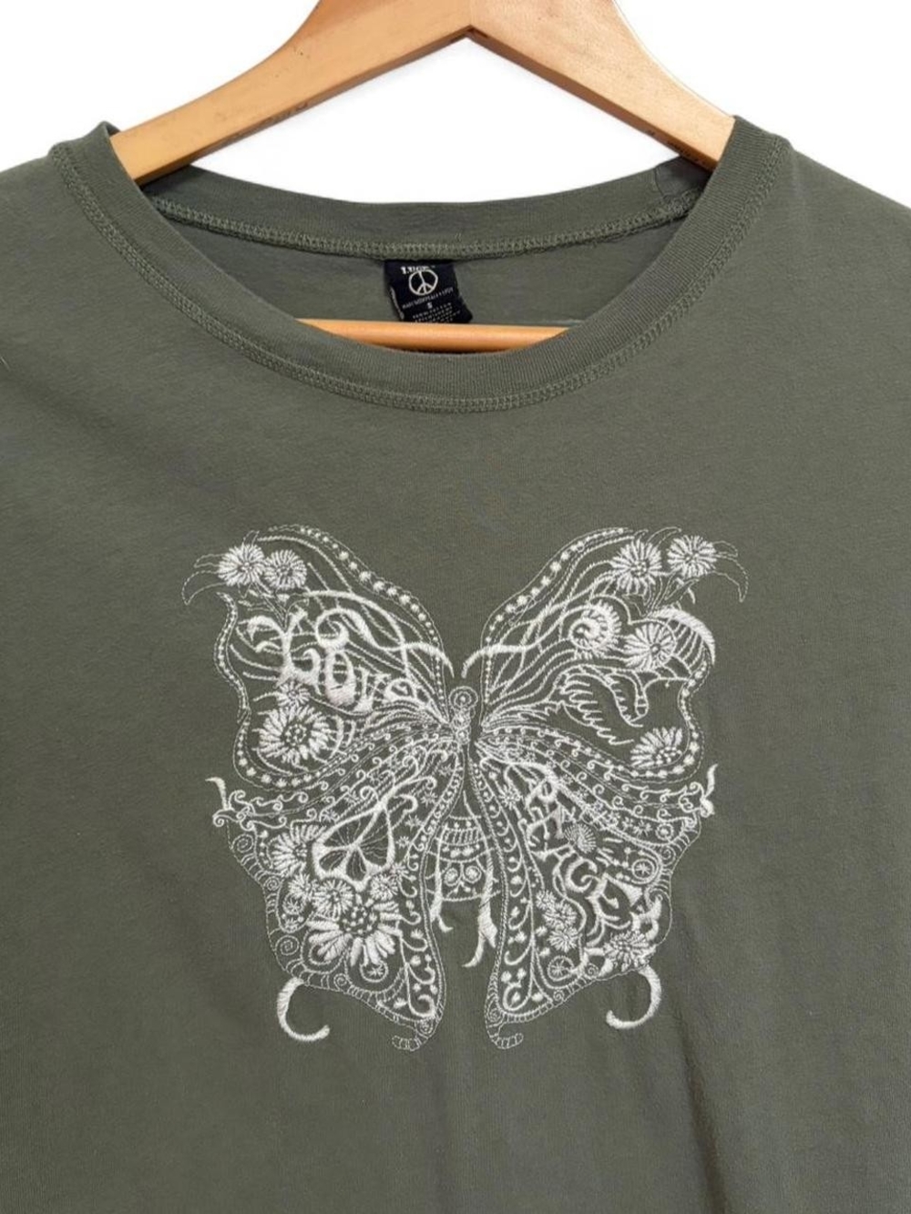 2000s Y2K Vintage Butterfly Embroidered Green Long Sleeve Top Size S Boho Fairy - Picture 3 of 7